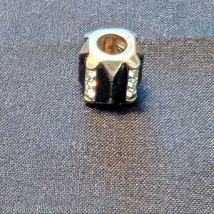 Silver and Black Enamel Bead Charm With Crystals. Fits Pandora Bracelet.